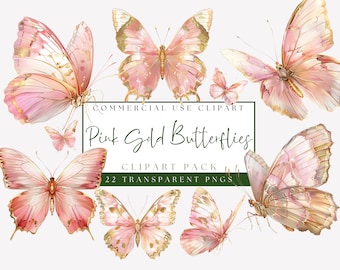 Puede incluir: Una colección de mariposas rosas y doradas en varias poses. Las mariposas tienen delicadas alas rosas con detalles dorados. La imagen incluye el texto "Pink Gold Butterflies" y "Commercial Use Clipart". El paquete de imágenes prediseñadas contiene 22 PNG transparentes.