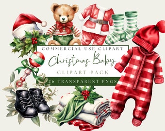 Christmas Baby Shower Clip Art. Watercolor PNG Bundle. Xmas Baby Clothes and Toys. Commercial Use. Instant Download. Festive Image. Holiday