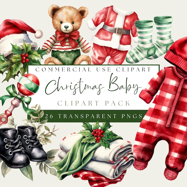 Christmas Baby Shower Clip Art. Watercolor PNG Bundle. Xmas Baby Clothes and Toys. Commercial Use. Instant Download. Festive Image. Holiday