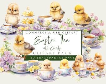 Pasen thee clipart. Schattige lentebabykuikens met theebundel. Pasen Tea Time Graphics. Tea Party-png's. Direct downloaden. Commercieel gebruik.
