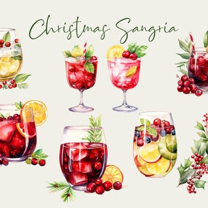 May include: Watercolor illustration of various Christmas Sangria cocktails. The image features several glasses filled with red and white sangria, garnished with fruit, herbs, and ice. The text "Christmas Sangria" is written in green cursive.