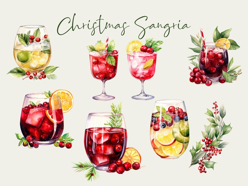 May include: Watercolor illustration of various Christmas Sangria cocktails. The image features several glasses filled with red and white sangria, garnished with fruit, herbs, and ice. The text "Christmas Sangria" is written in green cursive.