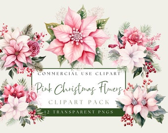Pink Christmas Pointsetta Clip Art. Pastel Watercolor PNG Bundle. Candy Pink Xmas Florals. Commercial Use. Instant Download. Festive Decor.