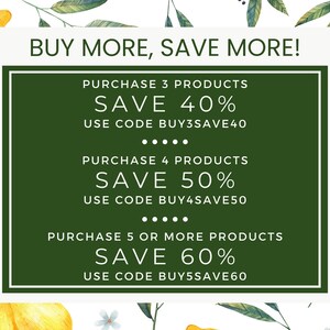 May include: A promotional graphic with the text "BUY MORE, SAVE MORE!" on a white background with lemon and leaf illustrations. The graphic offers discounts: 40% off for 3 products, 50% off for 4, and 60% off for 5 or more, with corresponding discount codes.