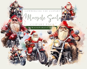Santa Motorcycle Clipart. Santa Biker Watercolor PNG Bundle. Grafika świąteczna. Użytek komercyjny. Natychmiastowe pobranie obrazu Santa Claus On A Motorbike