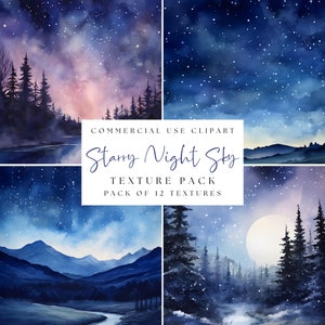 Può includere: Una collezione di texture di cielo notturno ad acquerello. Le immagini presentano cieli blu scuro e viola con stelle bianche, alberi in silhouette e catene montuose. Il testo sull'immagine recita "Commercial Use Clipart" e "Starry Night Sky Texture Pack of 12 Textures."
