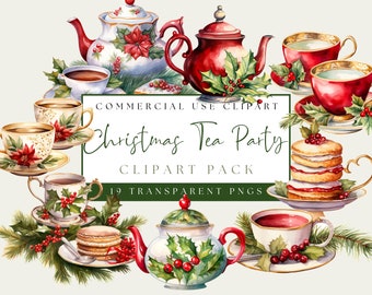 Christmas Tea Party Clip Art. Winter Holiday Tea Cups. Xmas Tea Pot PNG. Holiday Tea. Instant Download. Commercial Use. Transparent Backing