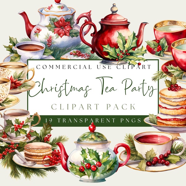 Christmas Tea Party Clip Art. Winter Holiday Tea Cups. Xmas Tea Pot PNG. Holiday Tea. Instant Download. Commercial Use. Transparent Backing