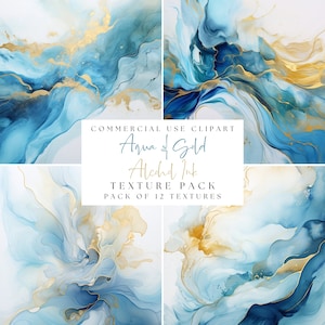 May include: A collection of twelve aqua and gold alcohol ink textures. The images feature flowing designs in shades of blue and gold, with a watercolor effect. The text "COMMERCIAL USE CLIPART" and "Aqua & Gold Alcohol Ink TEXTURE PACK" is visible.