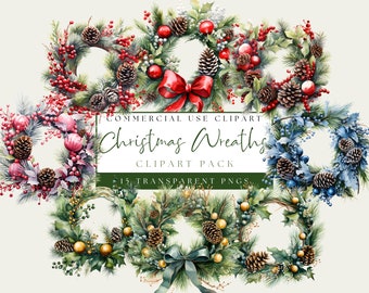 Julkrans-clipart. Vinterblommor PNG-bild. Direkt nedladdning. Akvarell julpaket. Kommersiellt bruk. Transparent bakgrund.