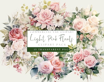 Light Pink Flower Clipart. Watercolor Pink Rose Bouquet PNG. Blush Bridal Wedding Floral Graphics. Commercial Use. Transparent Background.