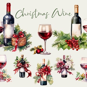 May include: Watercolor illustration featuring wine bottles and glasses with red wine, decorated with holly, berries, and ribbons. The text "Christmas Wine" is written in green script, evoking a festive holiday theme.