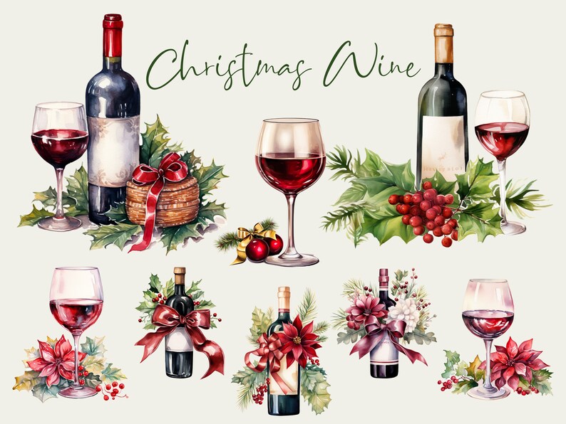 May include: Watercolor illustration featuring wine bottles and glasses with red wine, decorated with holly, berries, and ribbons. The text "Christmas Wine" is written in green script, evoking a festive holiday theme.