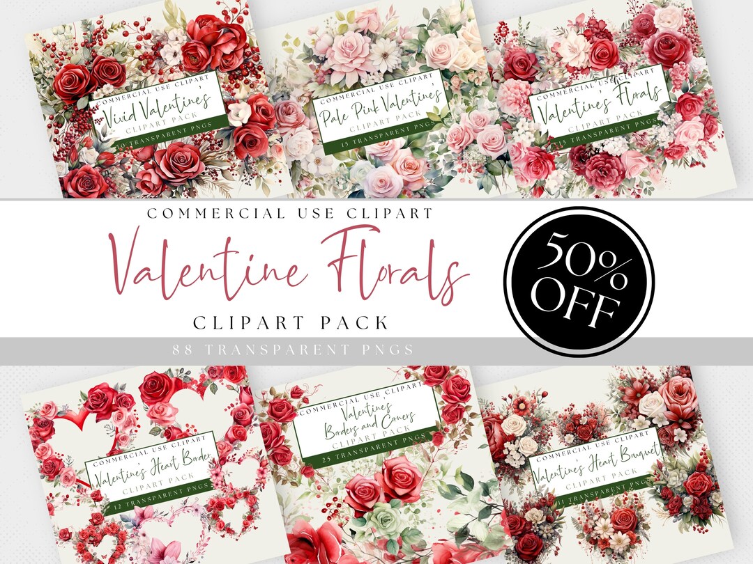 Valentine Floral Bouquet Clipart Bundle. Watercolor Pngs. Red and Pink ...