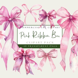 Pink Bow Ribbon Clipart. Watercolor Pastel Pink Silk Bows. Vintage Ribbon PNGs. Cute Girl Graphics. Instant Digital Download. Commercial Use