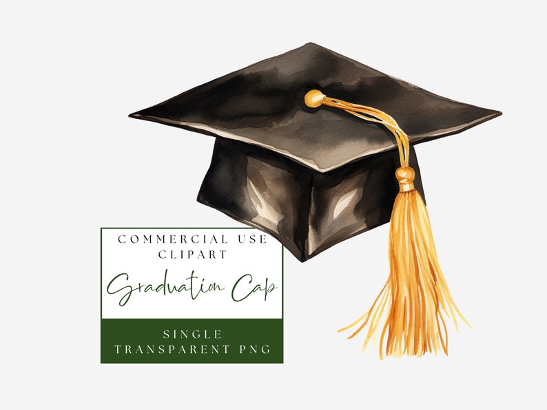 K&ouml;nnte beinhalten: Aquarell-Illustration einer schwarzen Abschlusskappe mit goldener Quaste. Die Kappe ist quadratisch mit flachem Oberteil und goldenem Knopf. Die Quaste h&auml;ngt herunter, und das Bild enth&auml;lt den Text "Graduation Cap" und "Single Transparent PNG."