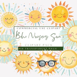 Lindo sol clipart. Acuarela Lindo Sol. Soles bohemios. Paquete de imágenes prediseñadas de vivero pastel. Gráficos de baby shower. Uso comercial. PNG transparentes