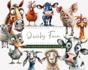 Watercolor Quirky Farm Animals Clipart. Cute Caricature Pet Images. Funny Graphics. Commercial Use. Transparent PNGs. Digital Download.
