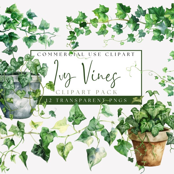 Ivy Vines Clipart. Commercial Use Ivy Leaf & Borders. Greenery Watercolor Images. Plant Pot Image. Foliage Graphic. Instant Digital Download