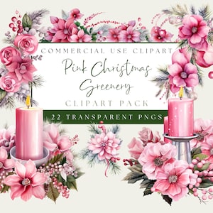 Pink Christmas Greenery Clip Art. Pastel Watercolor PNG Bundle. Candy Pink Xmas Florals. Commercial Use. Instant Download. Festive Garland.
