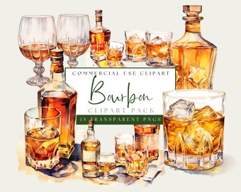 Bourbon Clipart. Whiskey Drinks PNG. Instant Download. Watercolor Scotch Art Bundle. Commercial Use. Transparent Background. Alcohol Images.