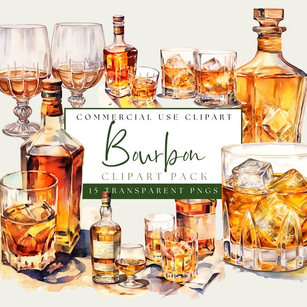 Bourbon Clipart. Whiskey Drinks PNG. Instant Download. Watercolor Scotch Art Bundle. Commercial Use. Transparent Background. Alcohol Images.