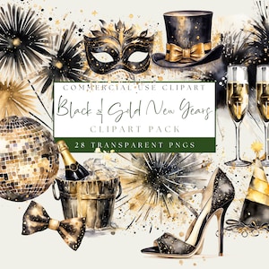 New Years Eve Clip Art. Champagne Flutes & Bottles. Black Gold PNG Images. NYE Party. Instant Download. Watercolor Bundle. Commercial Use.