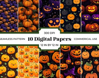 Pumpkin Seamless Digital Papers. Halloween Background. Commercial Use. Instant Download. Seamless Pack. Printable. Scrapbook. Junk Journals.