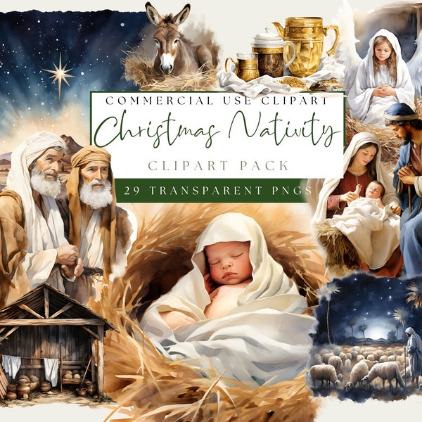 Nativity Scene Watercolor Clipart. Christmas Nativity PNG Bundle. Xmas Baby Jesus Images. Instant Download. Commercial Use. Transparent Back