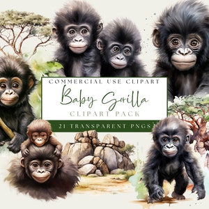 Puede incluir: Paquete de imágenes prediseñadas de acuarela con varios gorilas bebés en varias poses, rodeados de árboles y rocas. El texto "Baby Gorilla Clipart Pack" se muestra sobre un fondo blanco. Incluye 21 PNG transparentes.