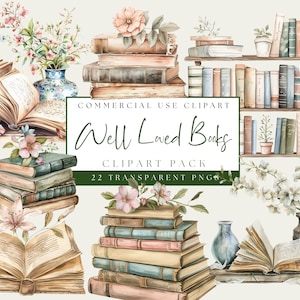 May include: A watercolour illustration featuring stacks of old books, some open, adorned with flowers. The image includes the text "Well Loved Books" and "Clipart Pack" with "22 Transparent PNGs". The colour scheme is soft and muted.