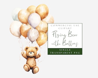 Fliegender Bär Clipart. Aquarell Braunbär mit Ballons PNG. Babyparty Bild. Teddy Bär Grafik. Kommerzielle Nutzung. Sofort Download.