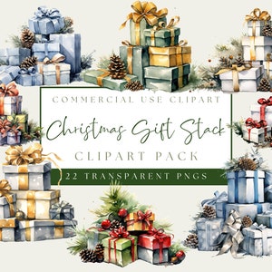 Op de afbeelding: Waterverfillustraties van kerstcadeaustapels in verschillende kleuren, waaronder blauw, goud, rood en groen. Elke stapel is versierd met linten, dennenappels en groen. De tekst "Christmas Gift Stack Clipart Pack" is ook zichtbaar.