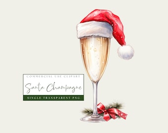 Weihnachtsmann Champagner Clip Art. Aquarell Weihnachtsgetränk Bild. Festliche Feiertage PNG Grafik. Nikolausmütze Cocktail. Kommerzielle Nutzung Instant Download