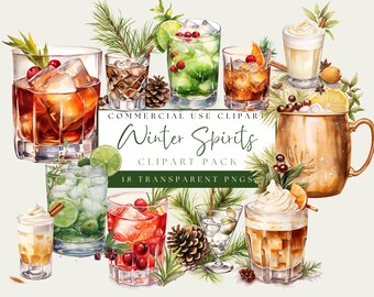 May include: Watercolor illustration of various winter cocktails, including drinks with ice, fruit, and garnishes. The image includes a copper mug and several glasses with different beverages. Text reads "Winter Spirits Clipart Pack".