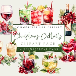 May include: Watercolor clipart pack featuring various Christmas cocktails and drinks. Includes images of cocktails with cranberries, citrus, and other festive garnishes. Also includes a wine glass, a bottle of wine, and other holiday-themed elements. The text reads "Christmas Cocktails".