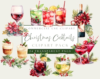May include: Watercolor clipart pack featuring various Christmas cocktails and drinks. Includes images of cocktails with cranberries, citrus, and other festive garnishes. Also includes a wine glass, a bottle of wine, and other holiday-themed elements. The text reads "Christmas Cocktails".