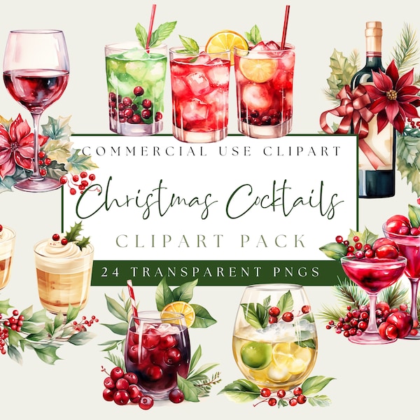 Christmas Cocktail Clip Art. Winter Holiday Drinks PNG. Instant Download. Watercolor Xmas Bundle. Commercial Use. Transparent Background.