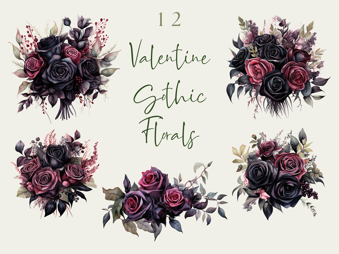 Gothic Black Red Rose Clipart. Gothic Flowers Bundle. Dark Roses and ...