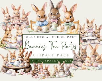 Pasen thee clipart. Schattige lentekonijntjes met theebundel. Pasen familie theetijd graphics. Tea Party-png's. Direct downloaden. Commercieel gebruik