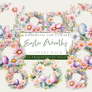Easter Wreath Clipart. Spring Floral Wreath PNG Bundle. Watercolor Easter Flower And Egg Graphics. Instant Digital Download. Commercial Use.