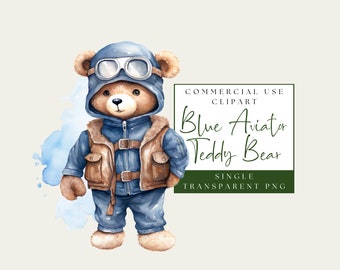 Flygande björn Clipart. Akvarell blå flygarnalle. Babyshower-bild. Babybjörnspilot PNG-grafik. Kommersiellt bruk. Direkt nedladdning.