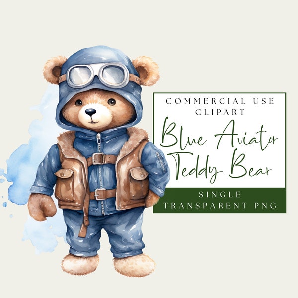 Flying Bear Clipart. Watercolor Blue Aviator Teddy Bear. Baby Shower Image. Baby Bear Pilot PNG Graphic. Commercial Use. Instant Download.