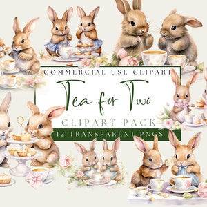 Bunny Easter Tea Party Clipart. Cute Spring Baby Bunnies Having Tea. Tea For Two Graphics. Tea Party PNGs. Instant Download. Commercial Use.