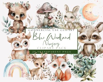 Imágenes Prediseñadas de acuarela de bebé Boho. Imágenes lindas de animales del bosque boho. Decoración de guardería. Gráficos de sublimación. PNG transparentes. Uso comercial.