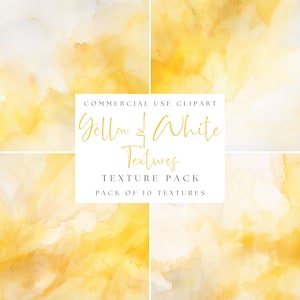 May include: A digital art pack featuring ten yellow and white watercolor textures. The image includes a title card that reads "Commercial Use Clipart" and "Yellow & White Textures Texture Pack". The textures have a soft, blended appearance.