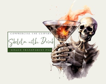 Halloween-Skelett Clip Art. Aquarell Skelett mit Getränk PNG. Bar-Speisekarte Design. Allerheiligen-Vorabend-Party. Kommerzielle Nutzung. Sofort Download.