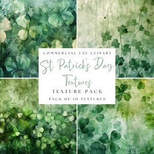 Może przedstawiać: Zbiór zielonych tekstur akwarelowych z koniczynami i abstrakcyjnymi wzorami. Obraz zawiera tekst "St Patrick's Day Textures" i "Commercial Use Clipart".