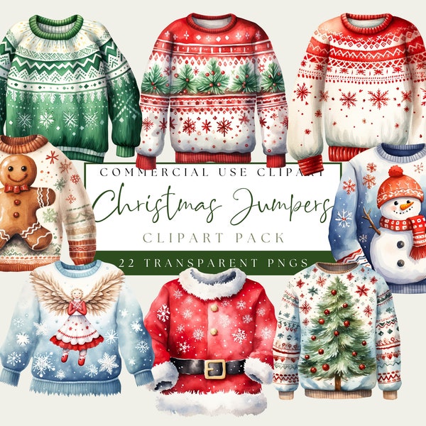 Christmas Jumper Clipart PNG. Watercolor Ugly Christmas Sweater Day Images. Commercial Use. Instant Download. Festive Image. Winter Sweater.
