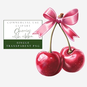 May include: A watercolor illustration of two ripe cherries tied with a pink ribbon. The cherries are a deep red color with glossy highlights. The image includes text that reads "Commercial Use Clipart, Cherries with ribbon, Single Transparent PNG."